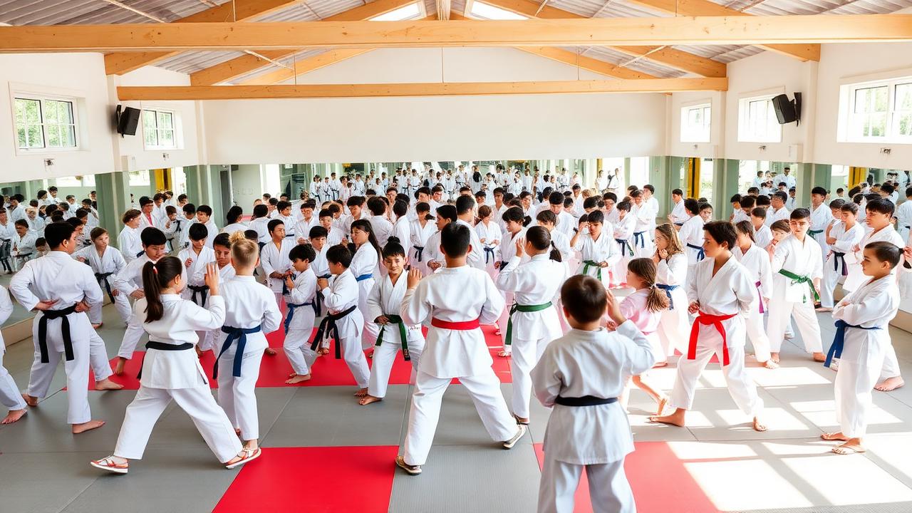 Martial arts class training in a busy dojo